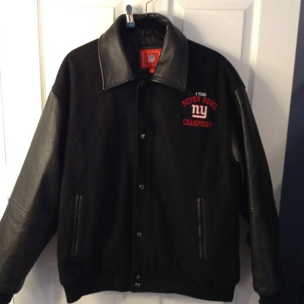 VTG-ish, Black Leather & Wool NY Champs Jacket; Official Licensed NFL "L", GIII